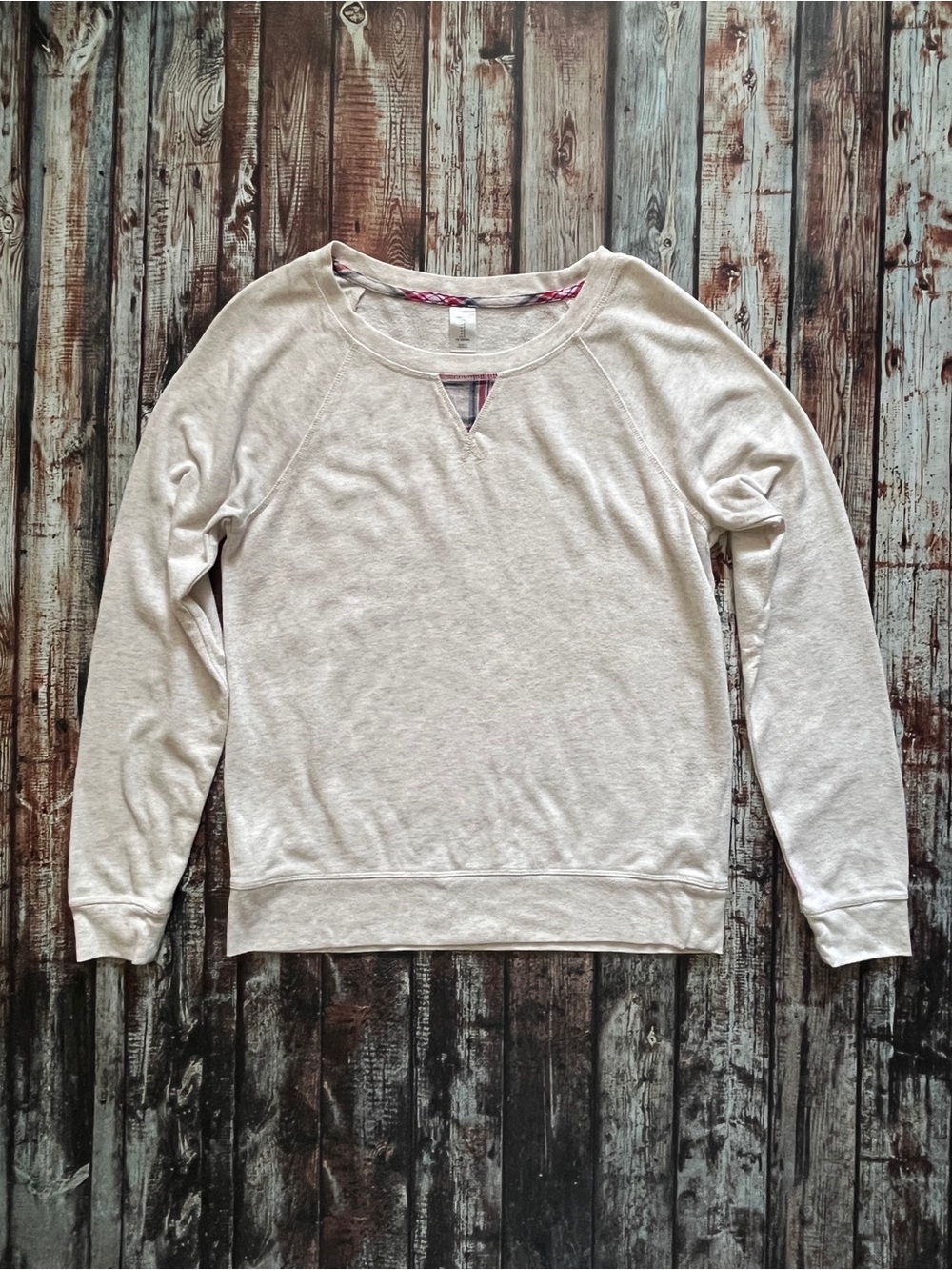 GapBody Lightweight Off-White Crewneck Sweatshirt with Plaid Trim